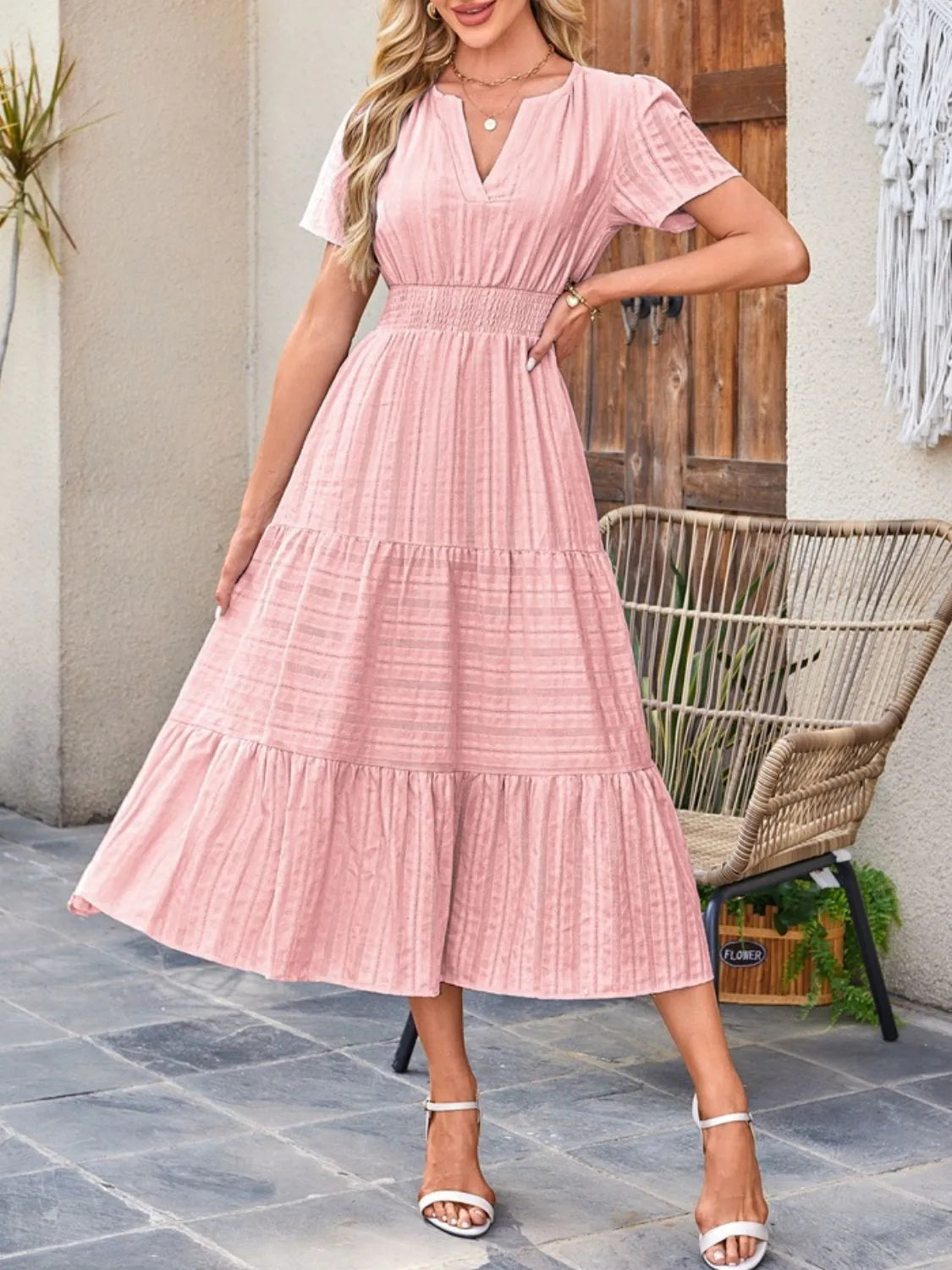 Tiered notched short sleeve dress
