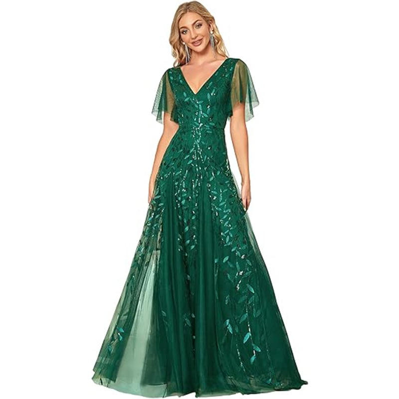 Flutter-sleeve sequin gown