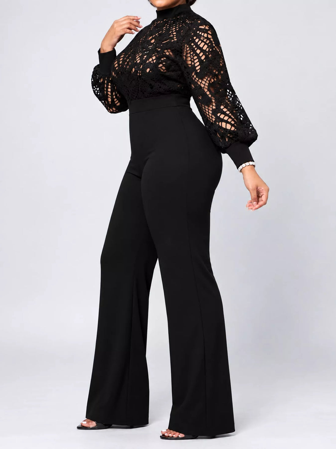 Lace lantern sleeve jumpsuit, Black, front