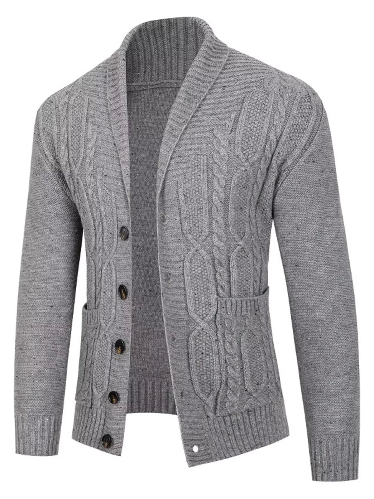 Speckled cable knit shawl collar cardigan