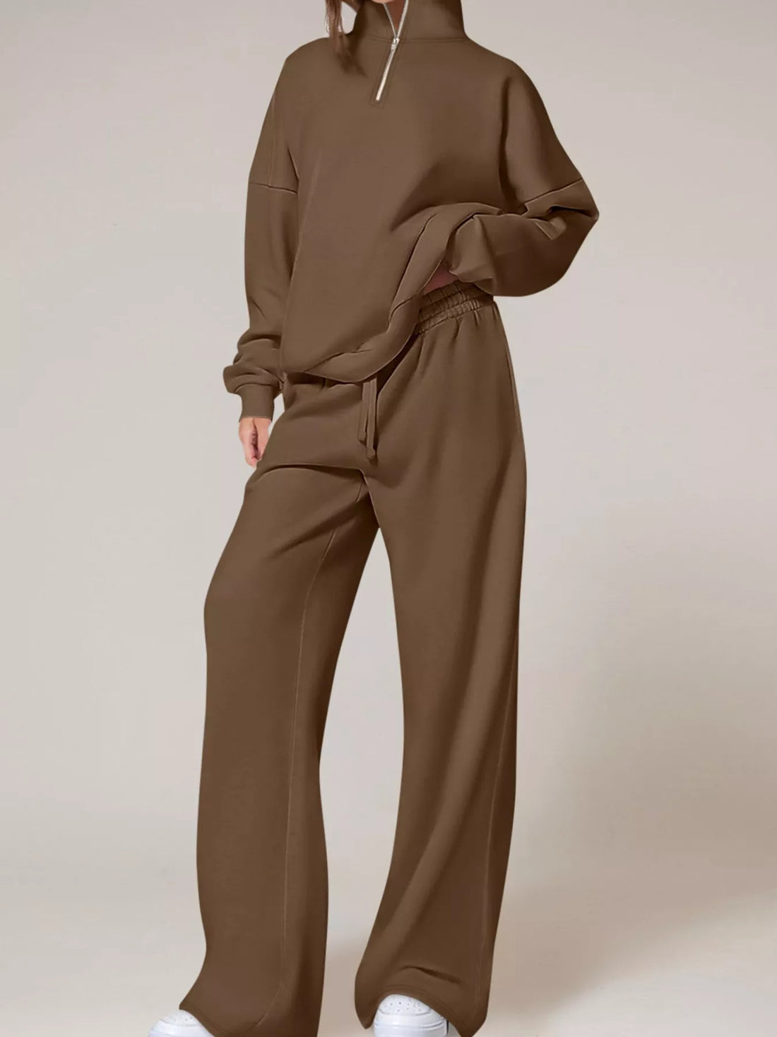 Half-zip sweatshirt set – dark brown