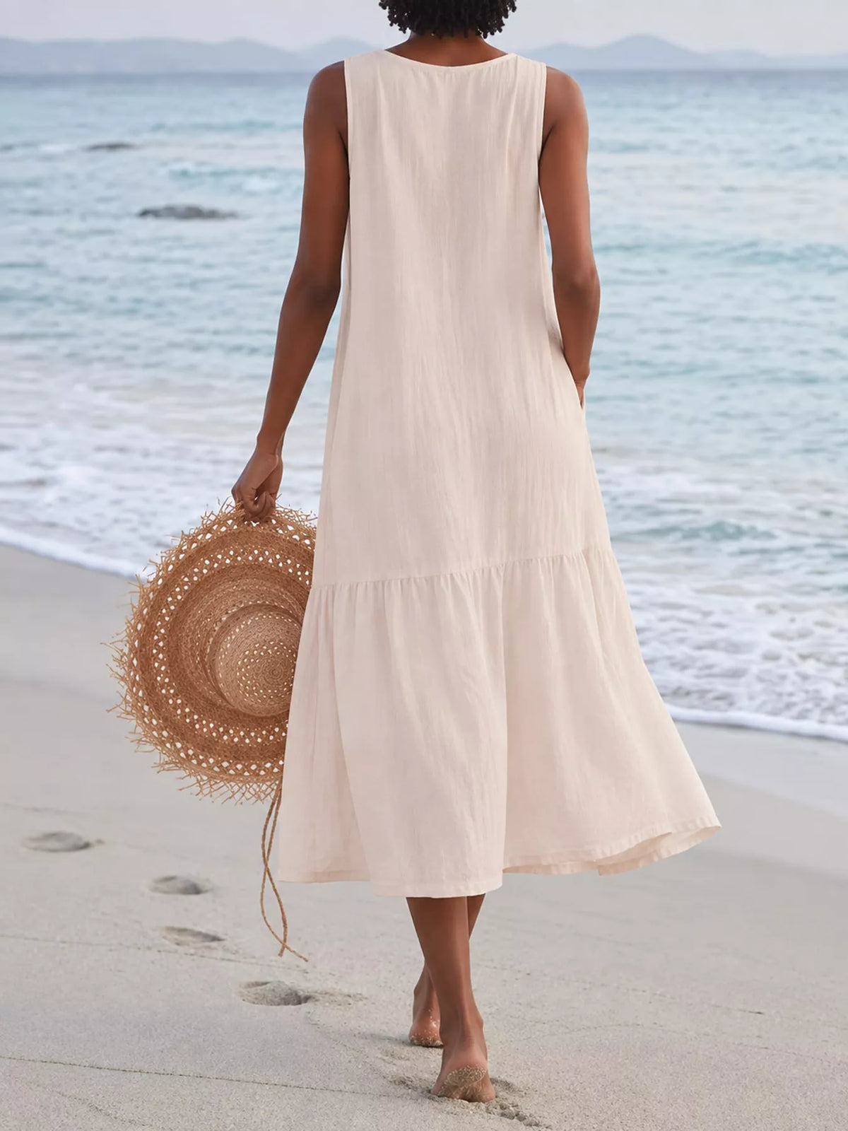 V-neck button front sleeveless midi dress