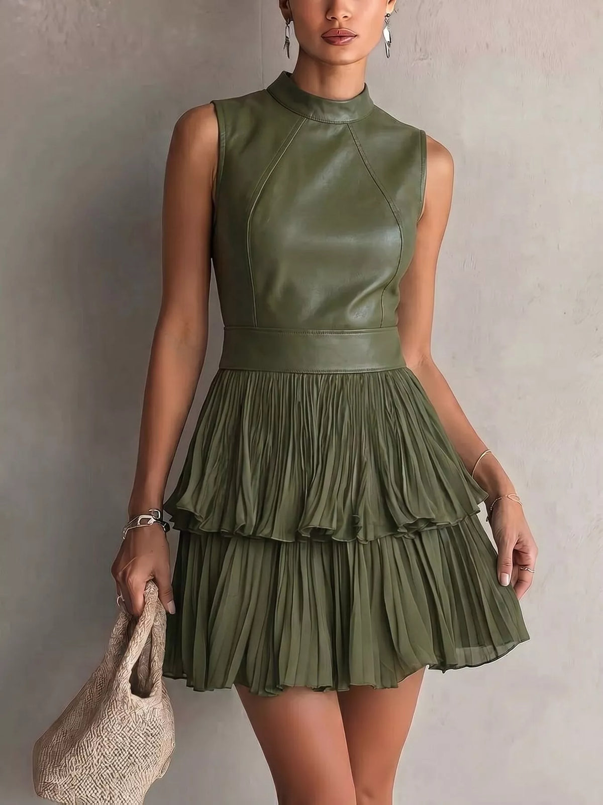 Faux leather pleated mini dress – army green