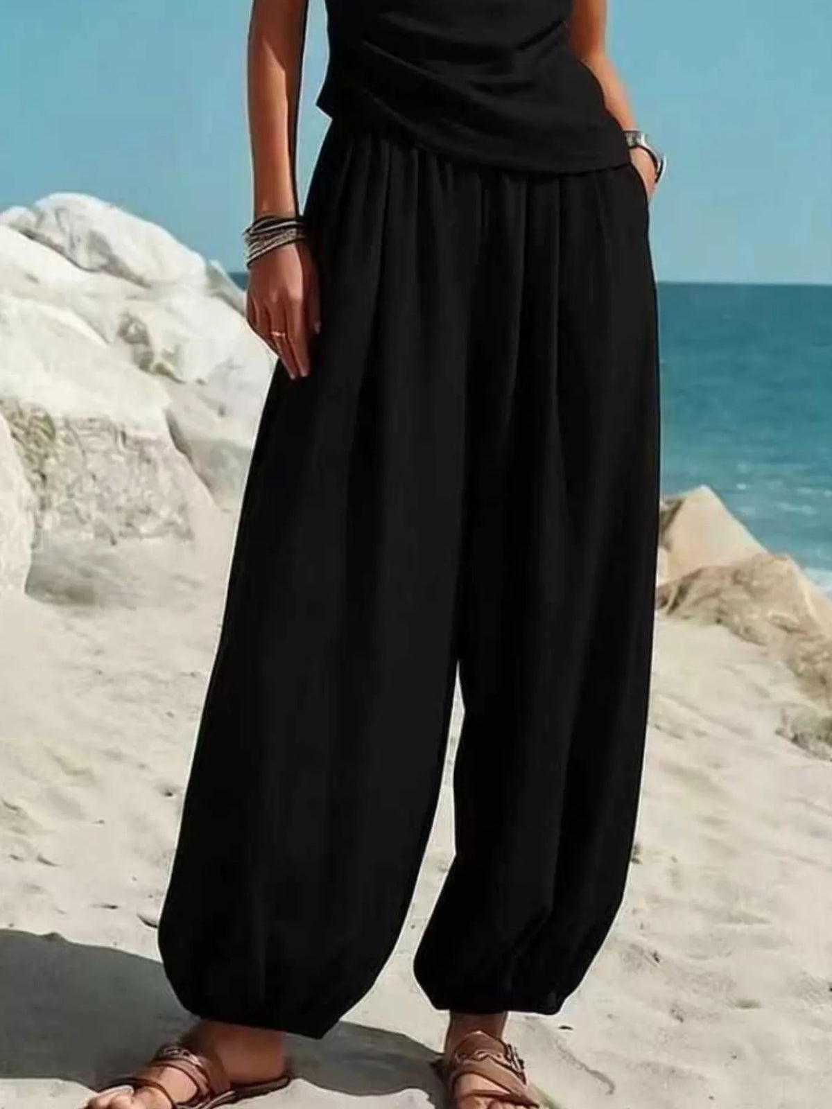One-shoulder sleeveless top and harem pants set