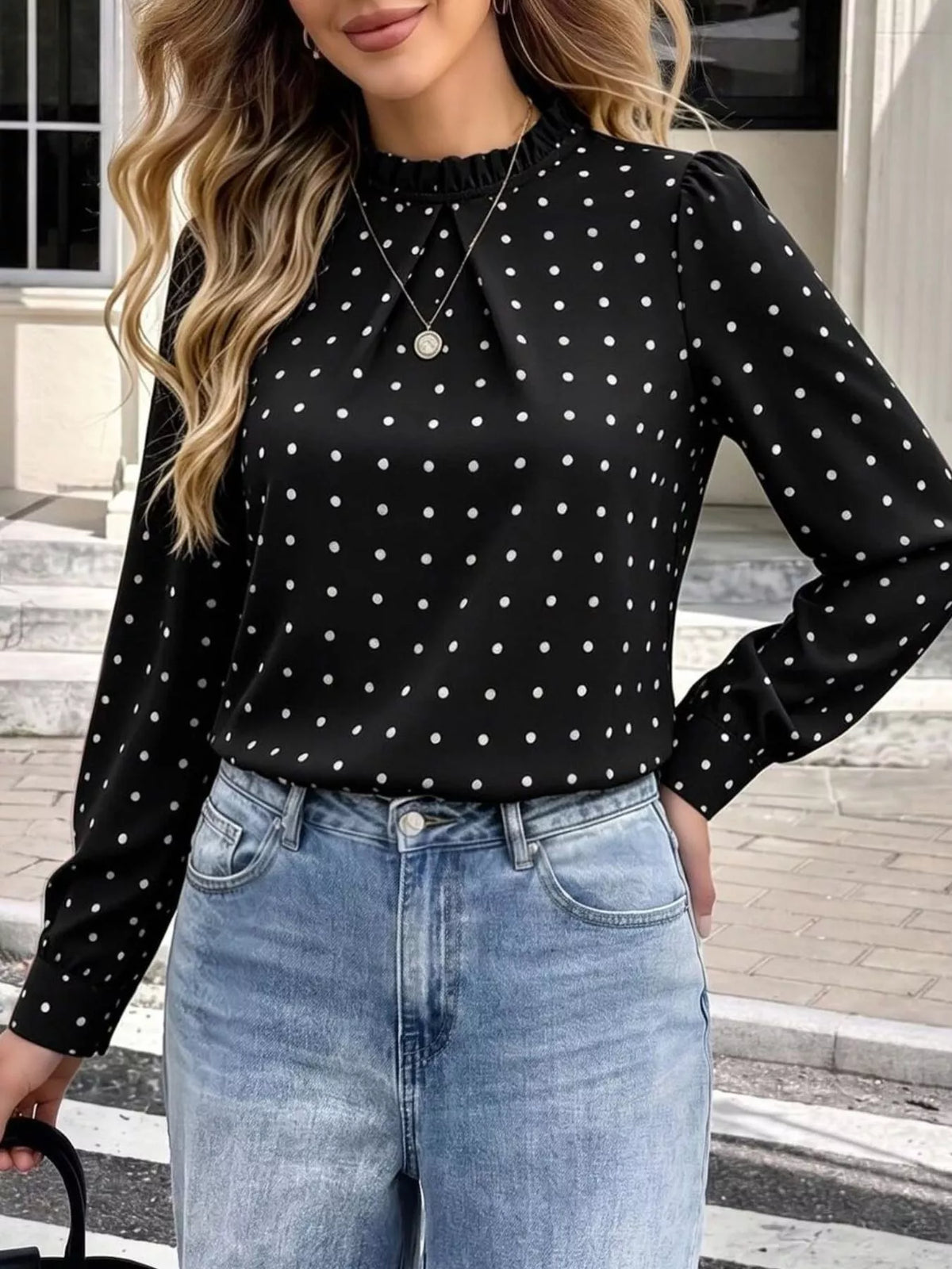 Polka-dot mock-neck blouse