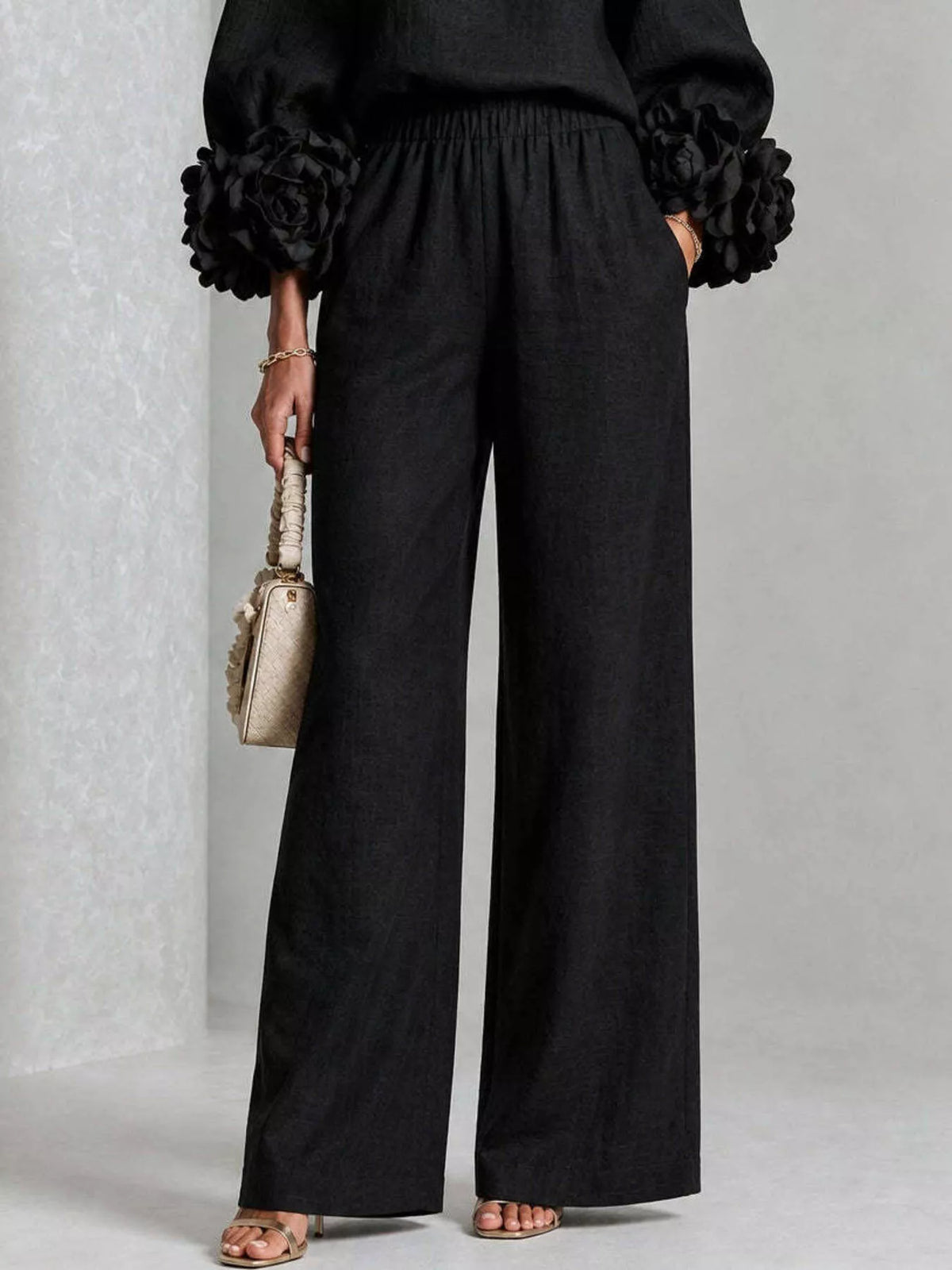 Floral-cuff top and pants set