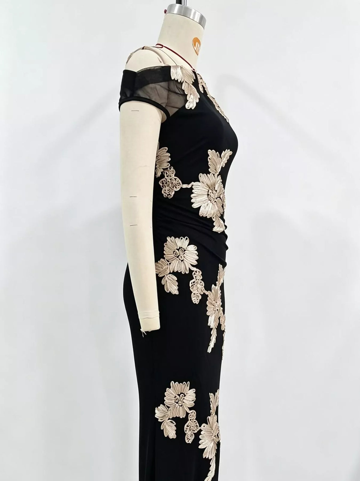 One-shoulder floral embroidered maxi dress