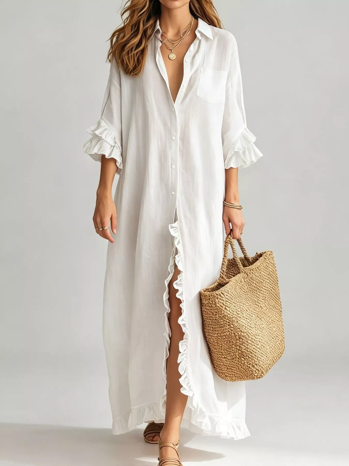 Ruffled trim button-down maxi shirt dress, White