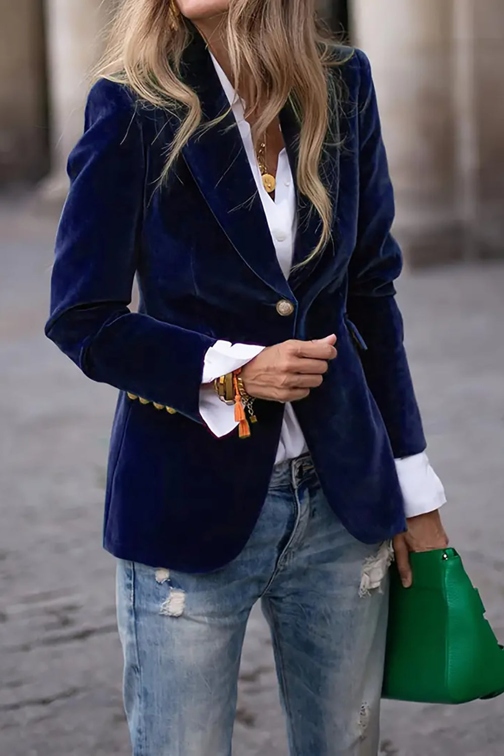 One button lapel collar long sleeve blazer, Navy