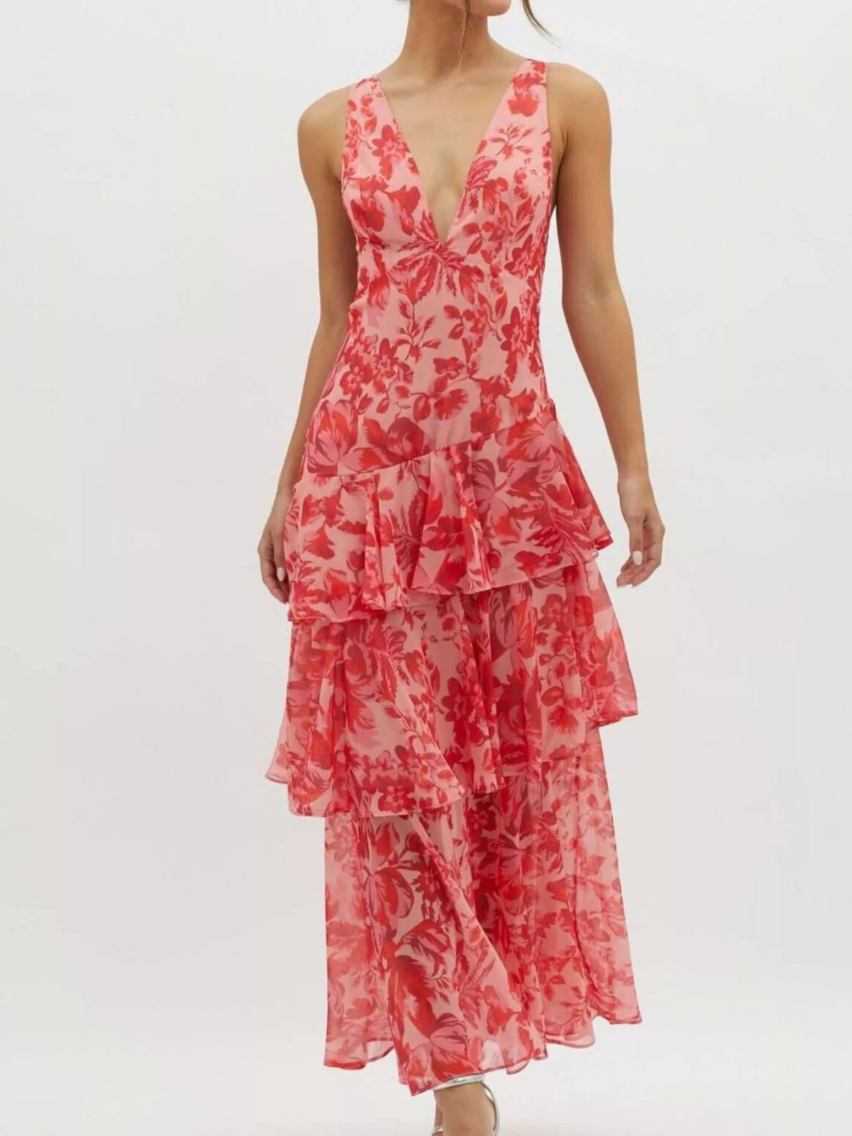 V-neck sleeveless floral print layered ruffle maxi dress, Scarlet