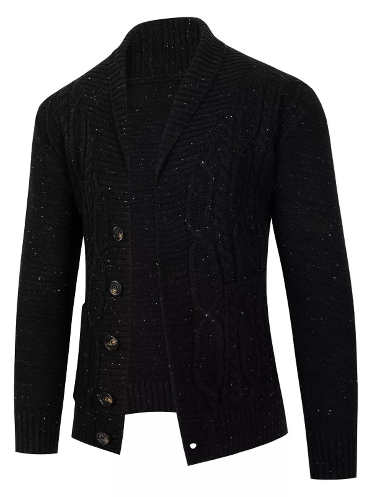 Speckled cable knit shawl collar cardigan, Black