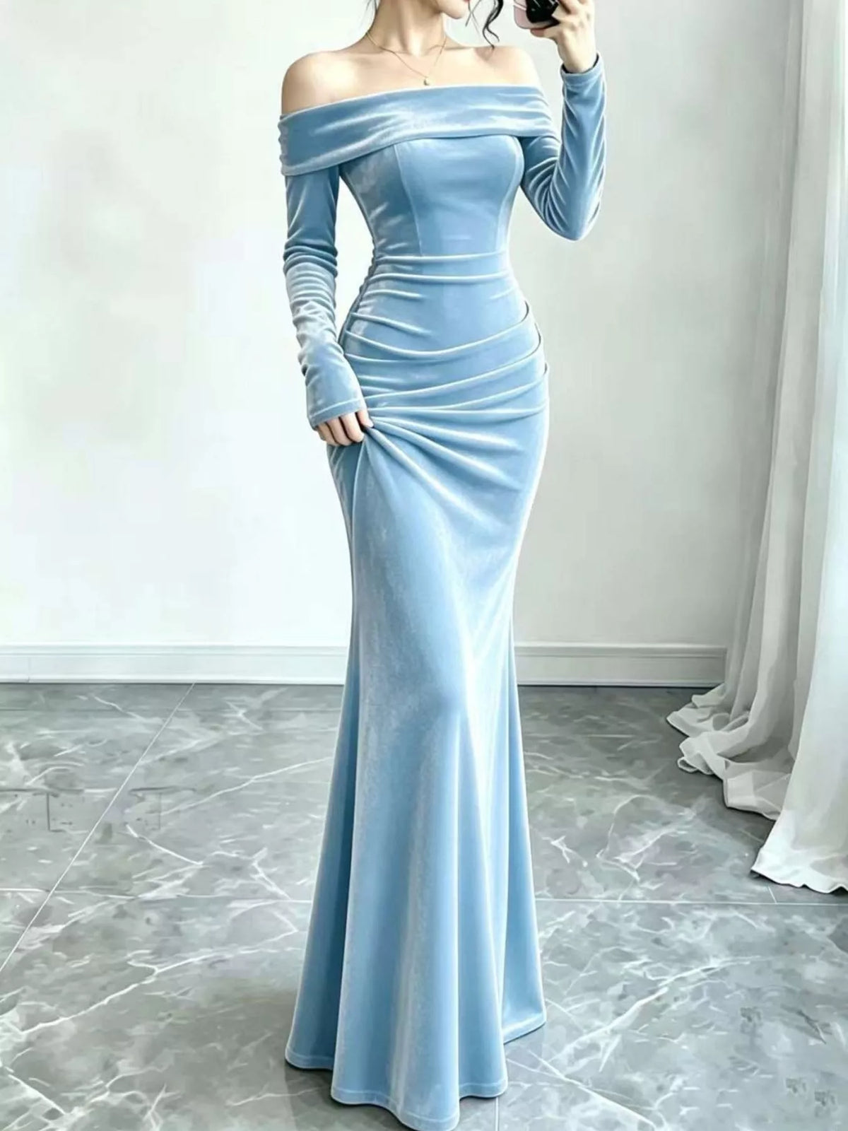 Velvet off-shoulder mermaid dress – sky blue
