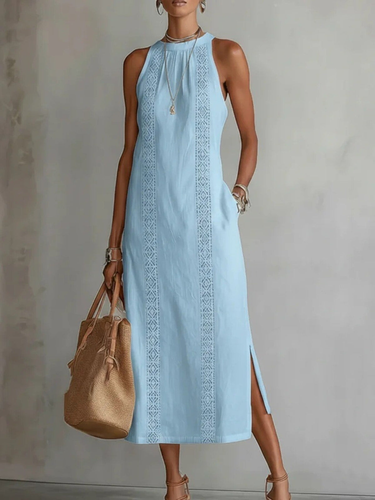 Cutout-trim slit midi dress – light blue