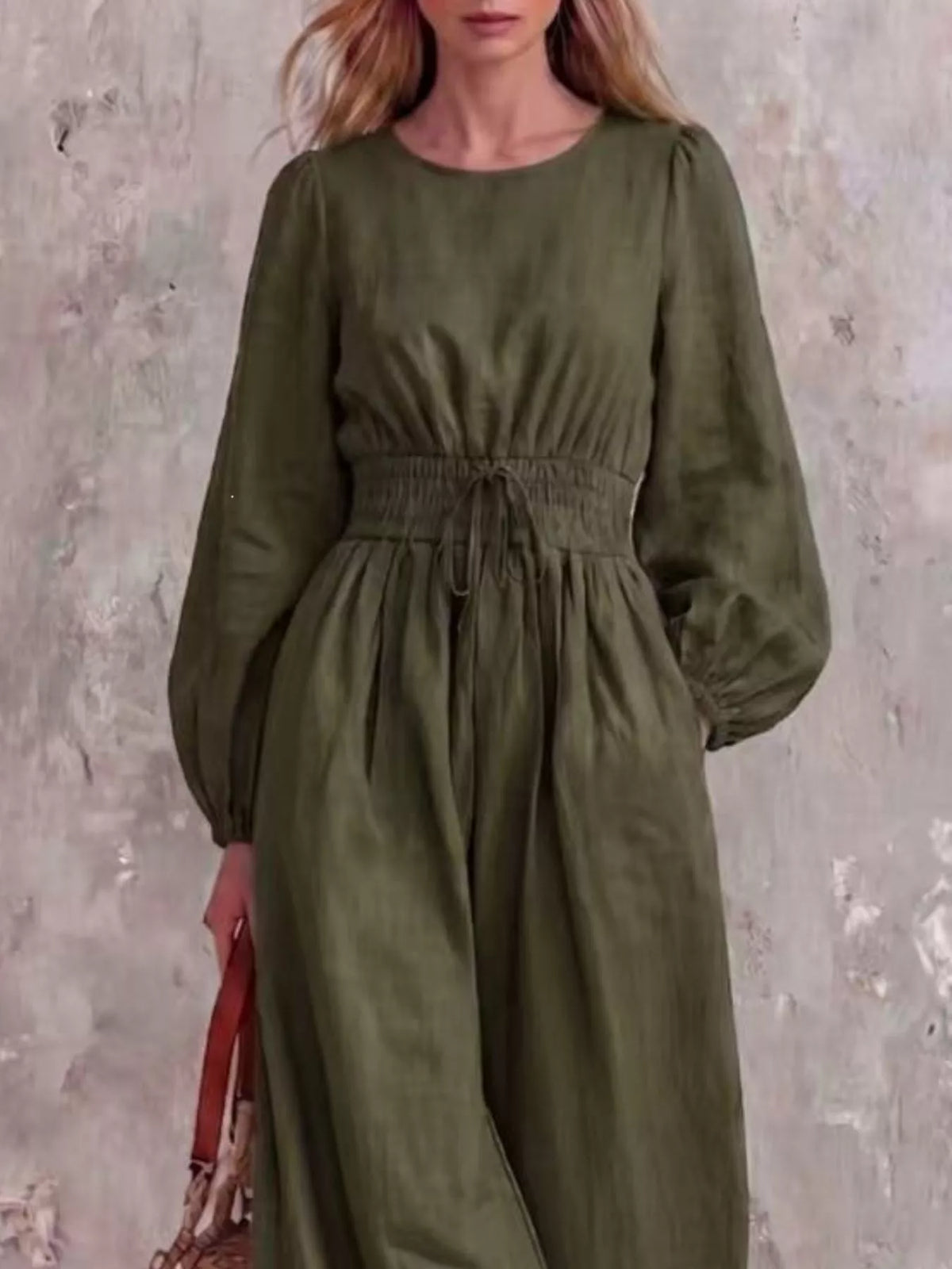 Smocked-waist long-sleeve jumpsuit