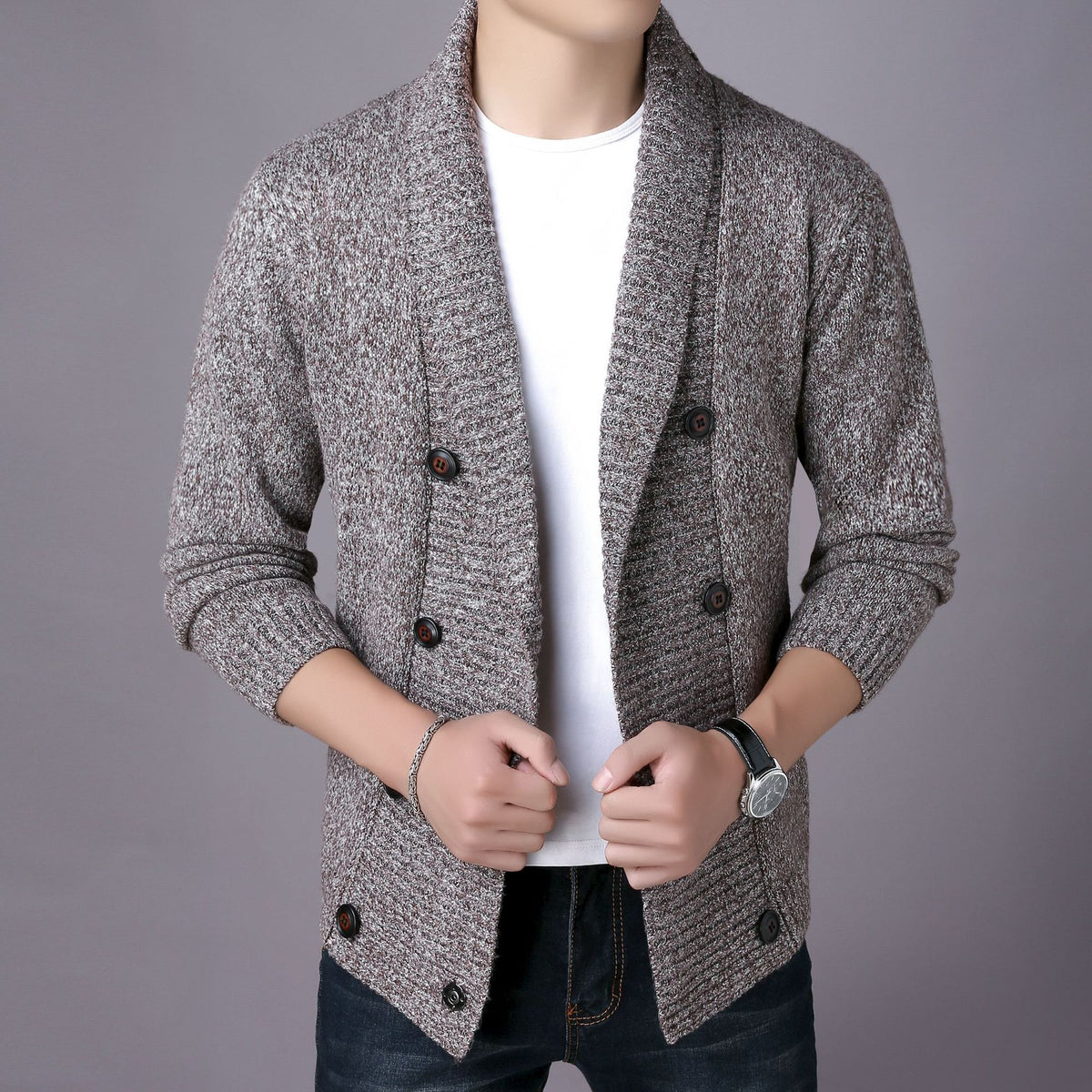 Double breasted shawl cardigan, Brown, front