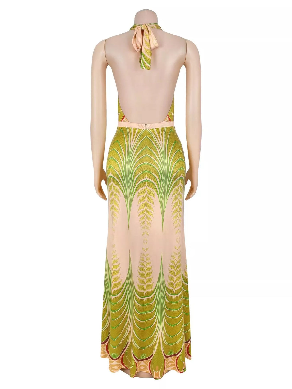 Leaf-print halter maxi dress
