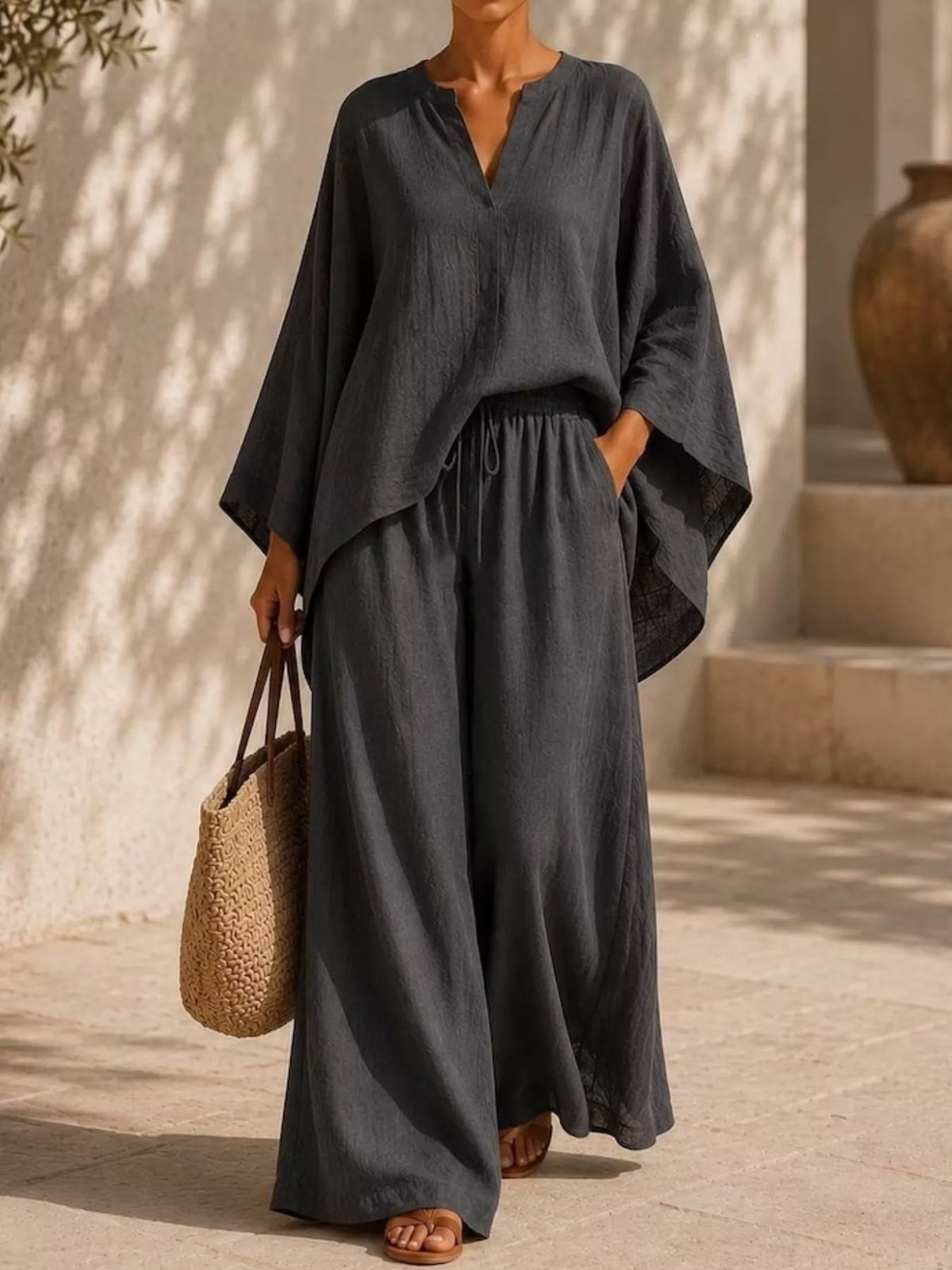 Notched long sleeve top and wide-leg pants set, Dark Gray