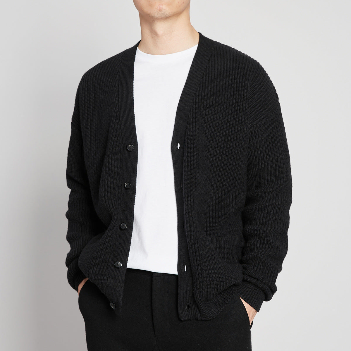 Textured knit cardigan, Black, front