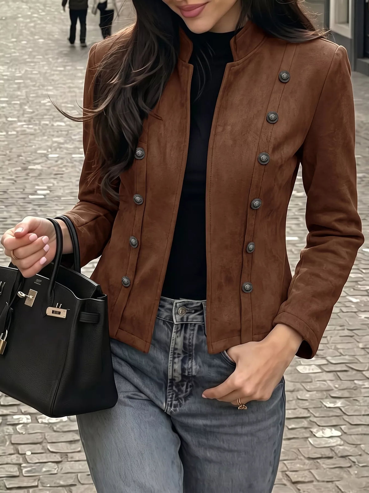 Vintage stand collar cropped jacket, Coffee Brown