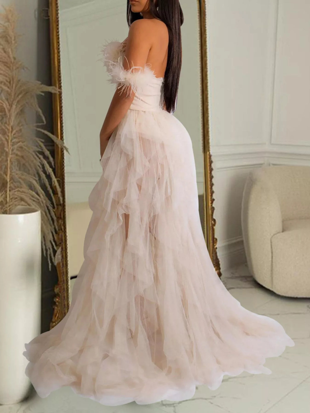 Feather corset tulle gown