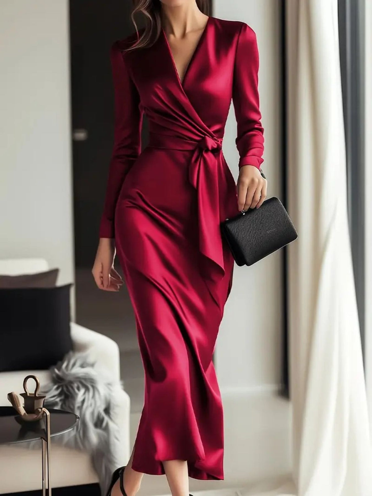 Satin tie-waist dress – scarlet
