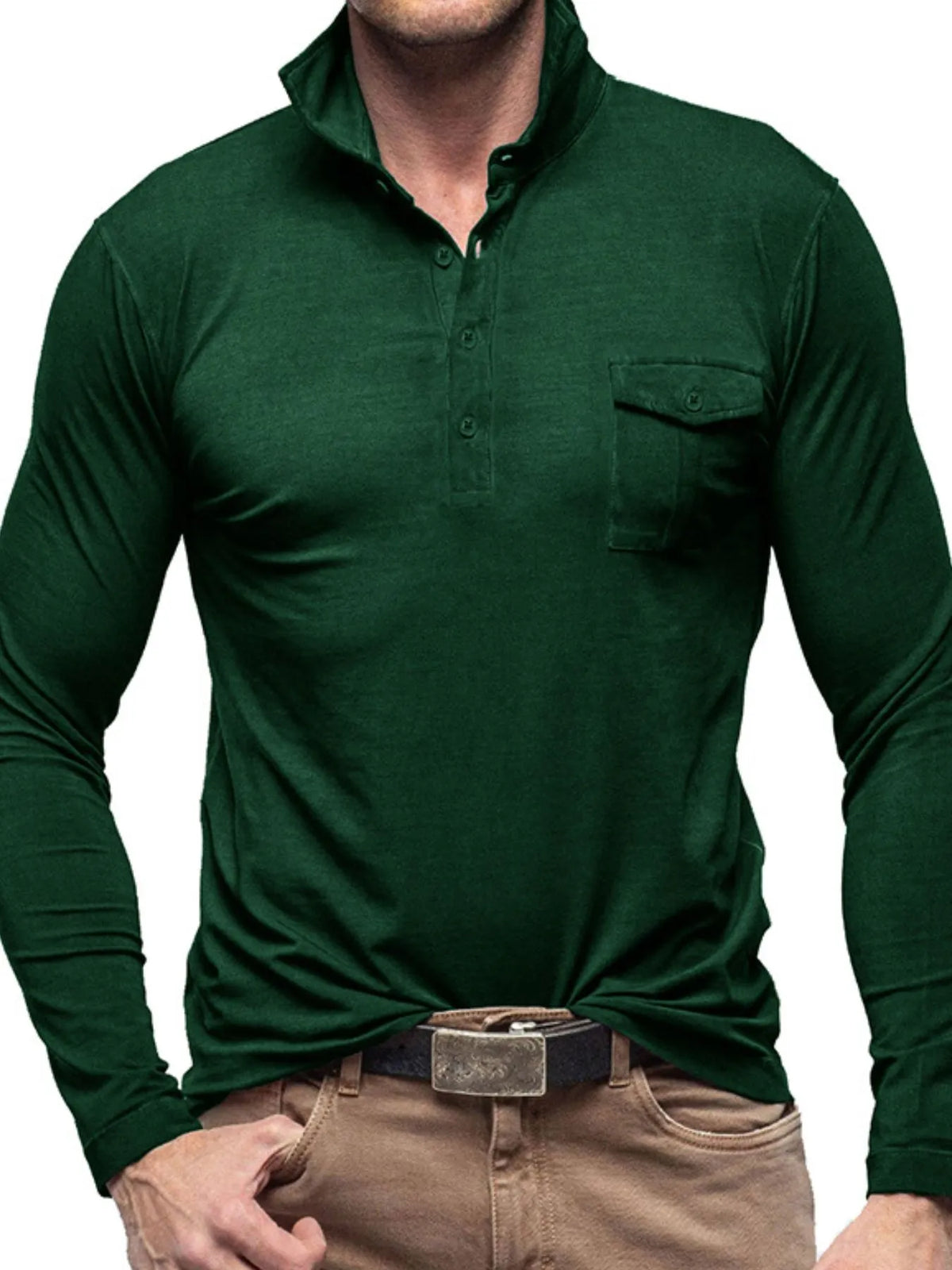 Basic style collared neck long sleeve polo, Dark Green