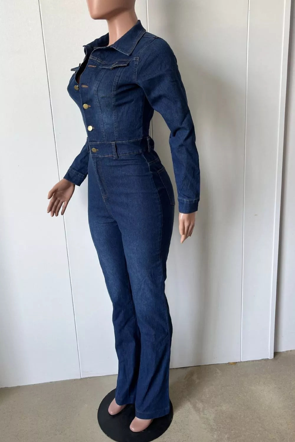 Flared denim jumpsuit, side