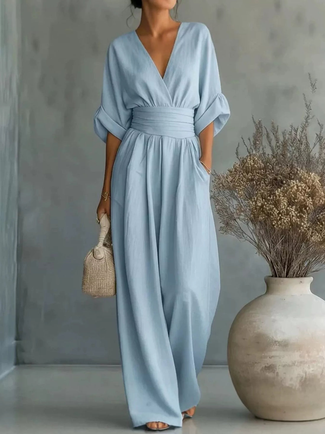 Half-sleeve wide-leg jumpsuit – light blue