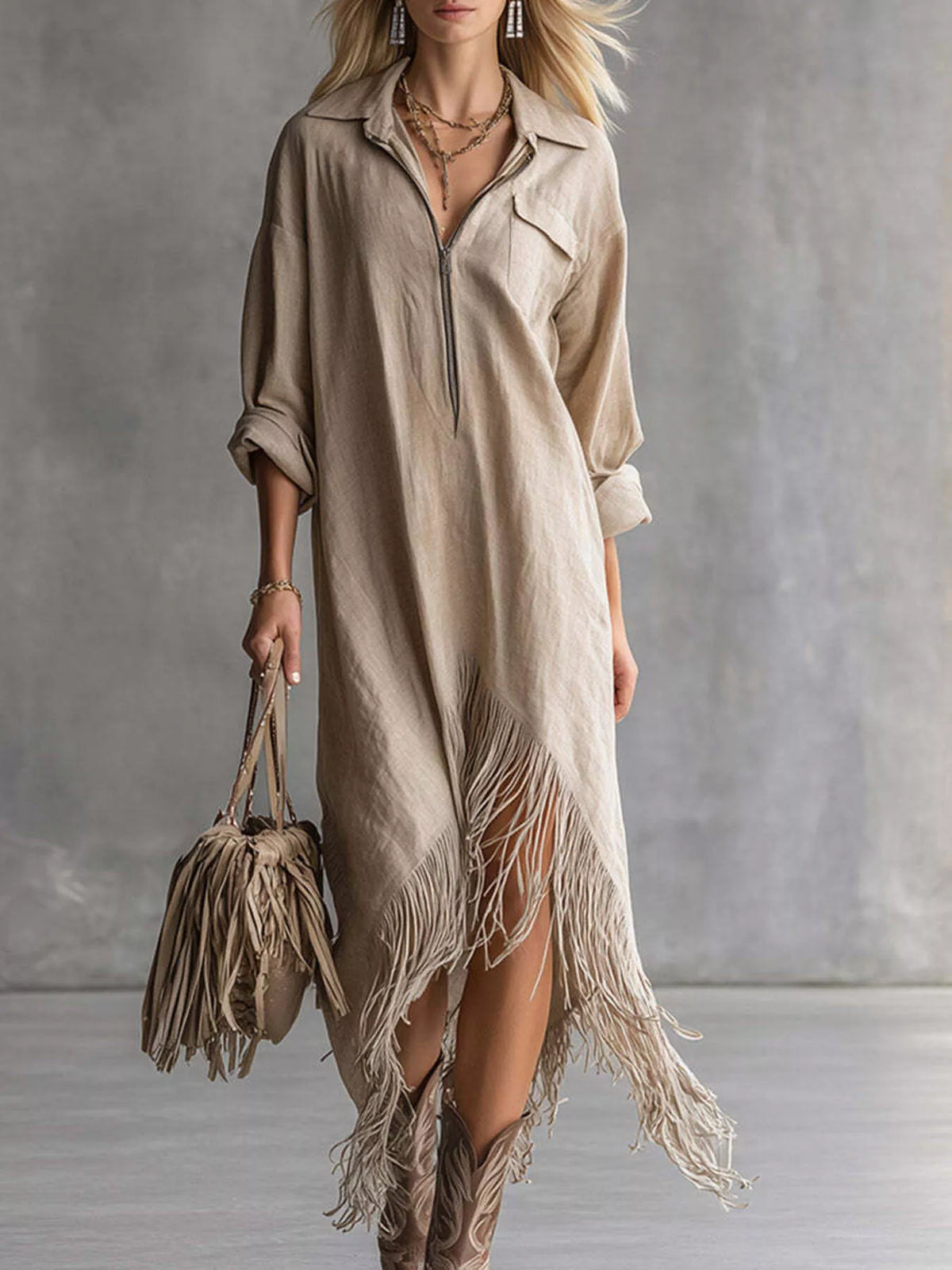 Fringe-hem zip shirt dress – khaki