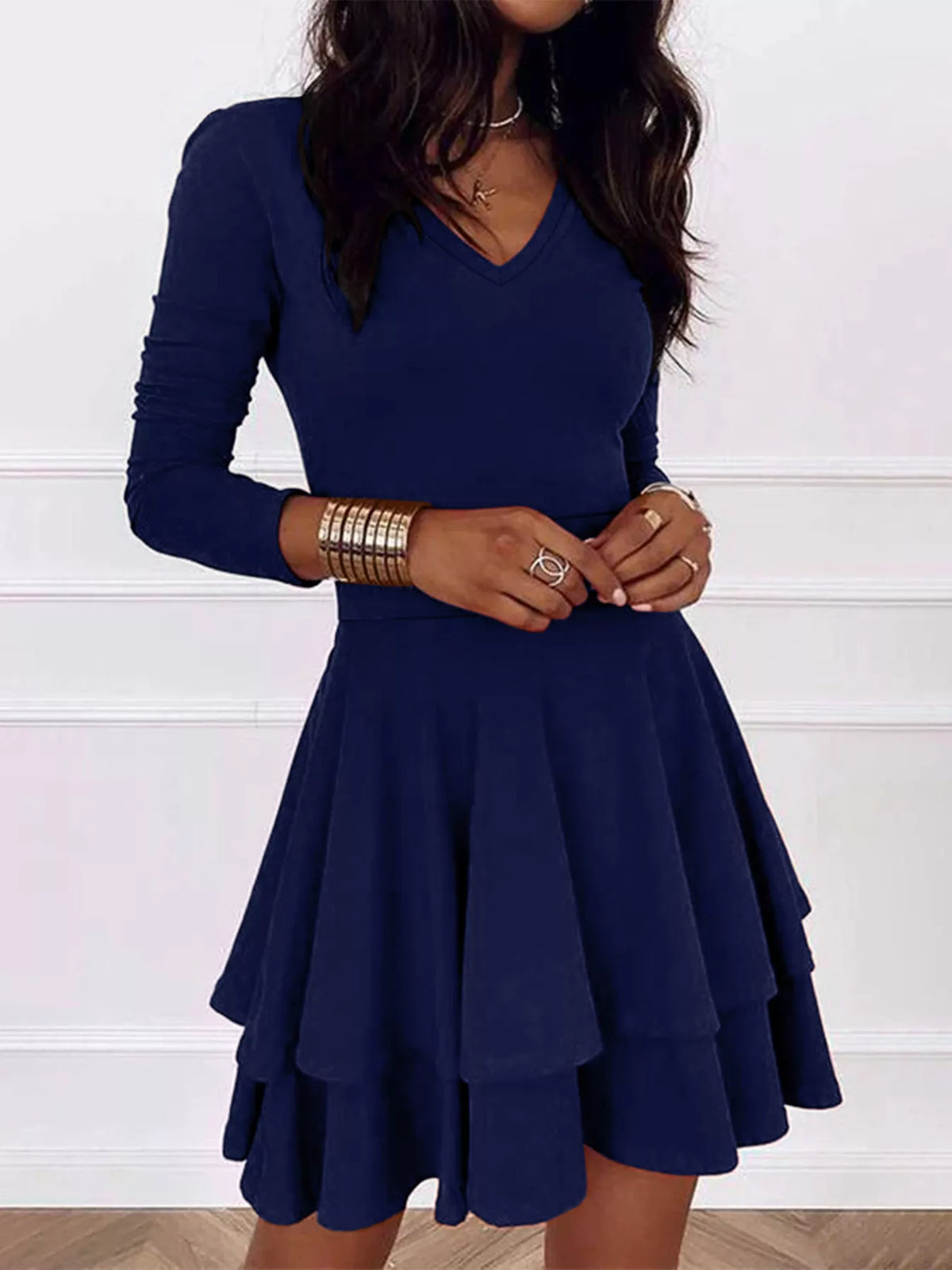 V-neck long sleeve layered ruffle mini dress, Navy
