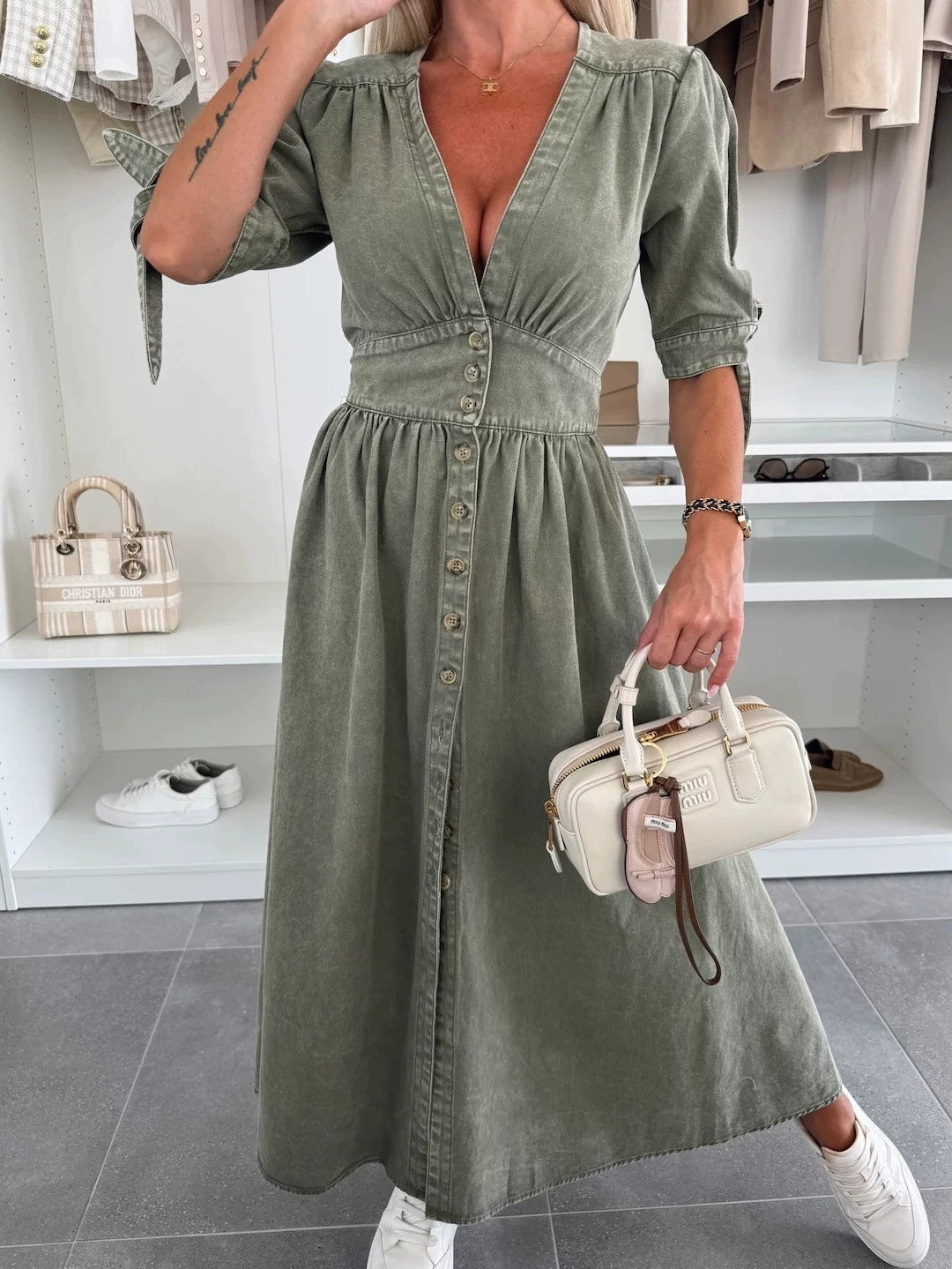 Button-front V-neck midi dress