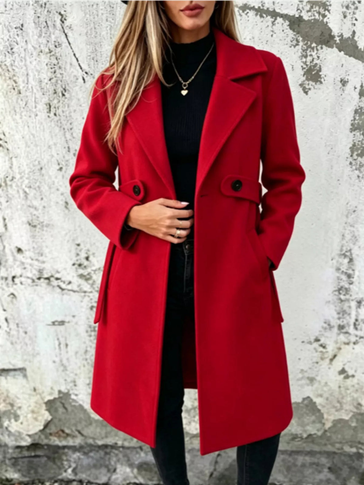 Lapel collar longline overcoat, Red