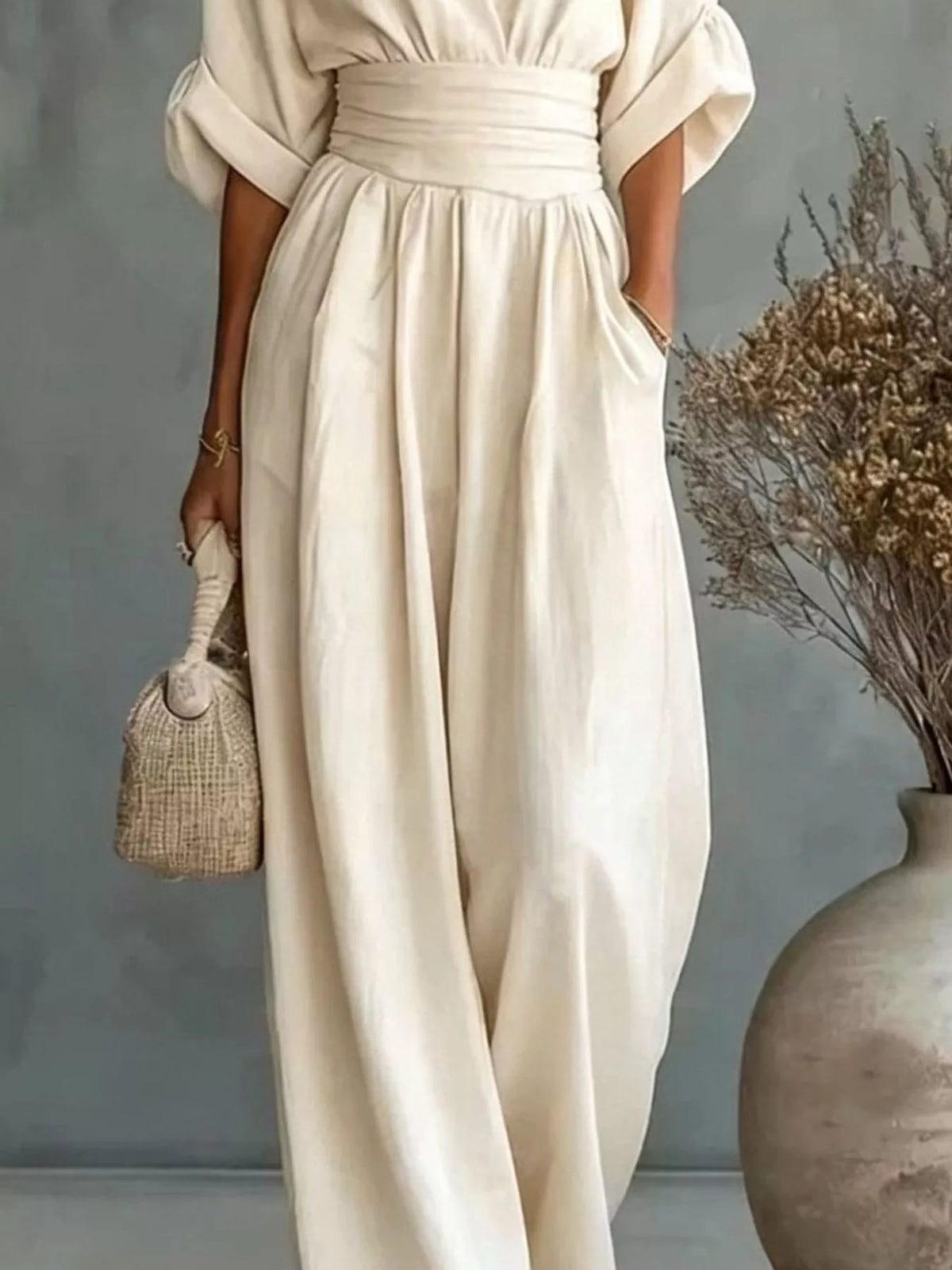 Half-sleeve wide-leg jumpsuit – beige