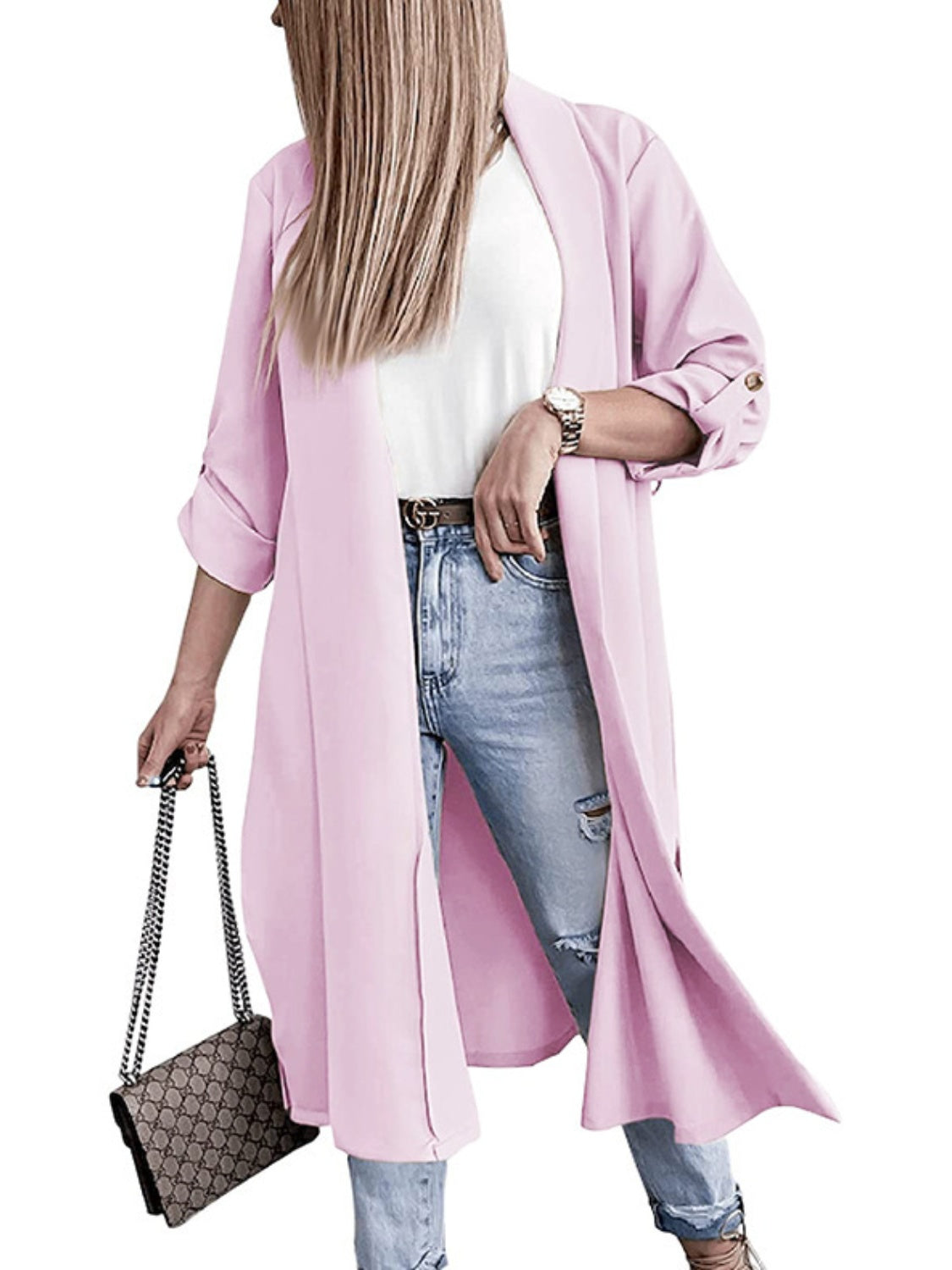 Slit open front roll-tab sleeve trench coat
