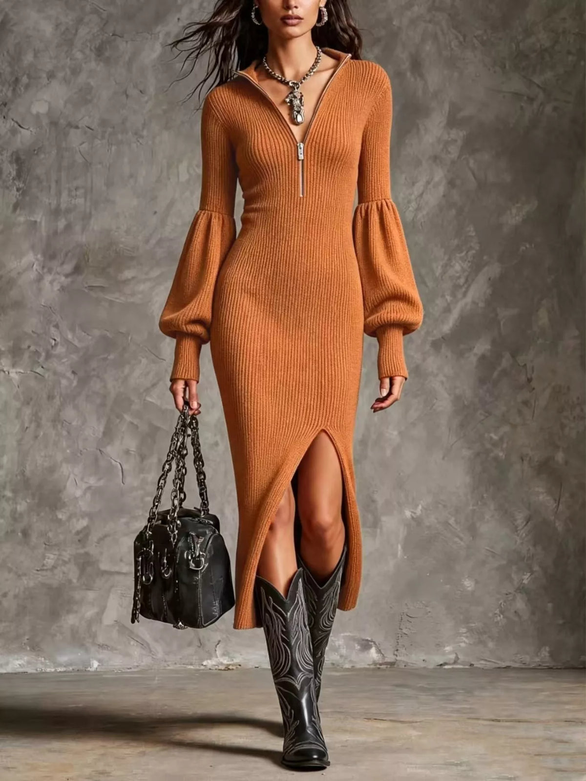 Quarter-zip sweater dress – ochre