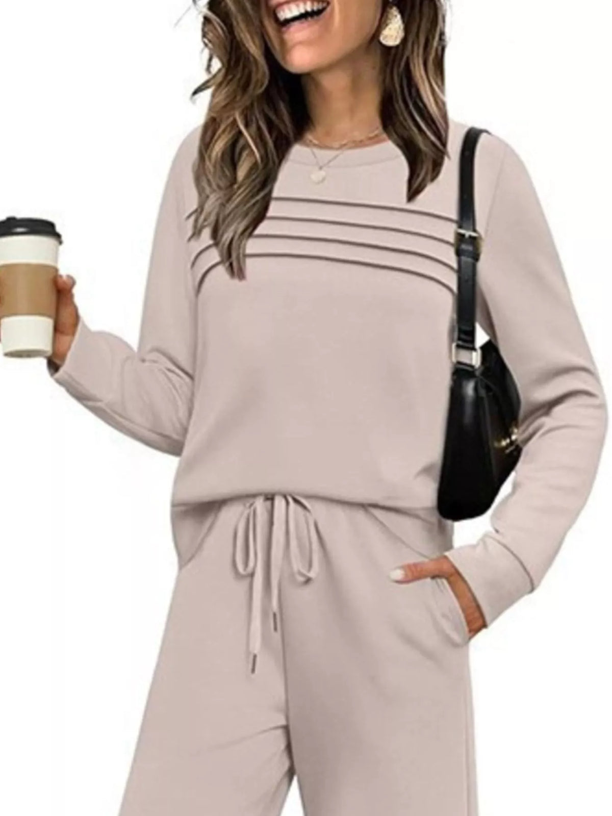 Long sleeve round neck top and pants set