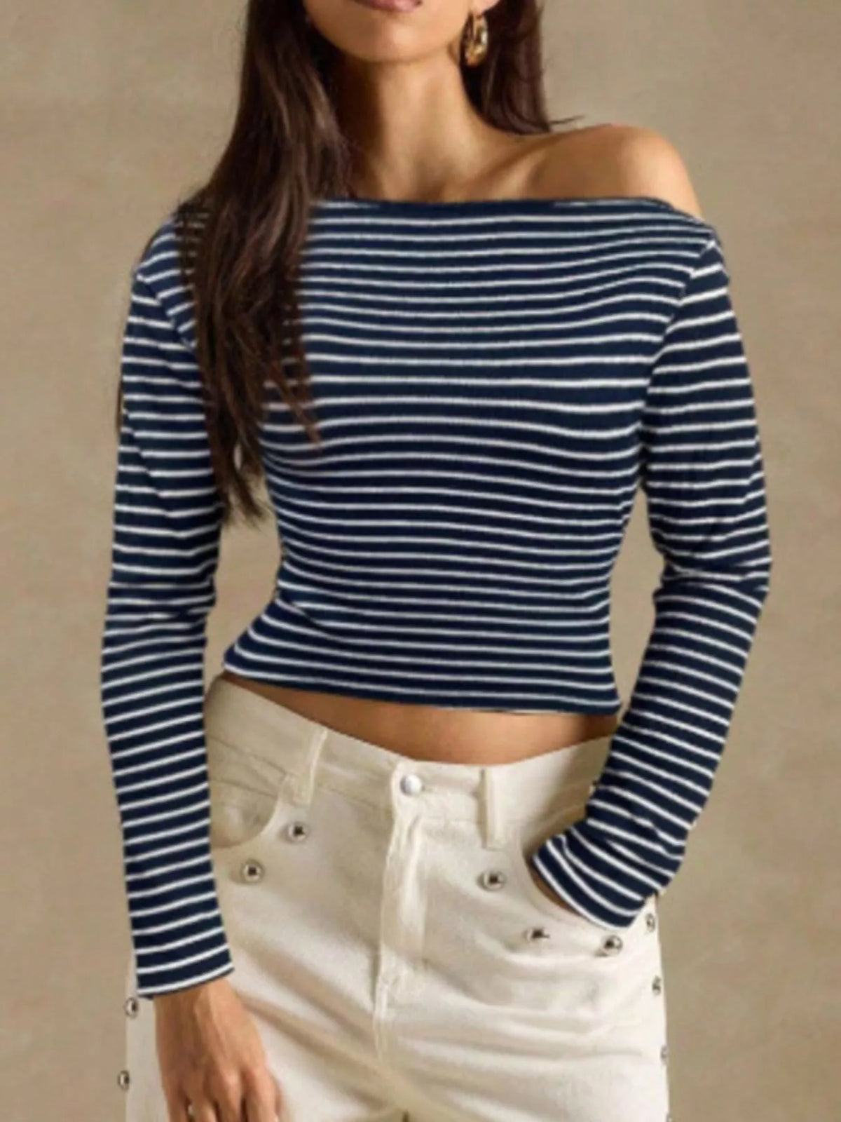 Off-shoulder striped rib top