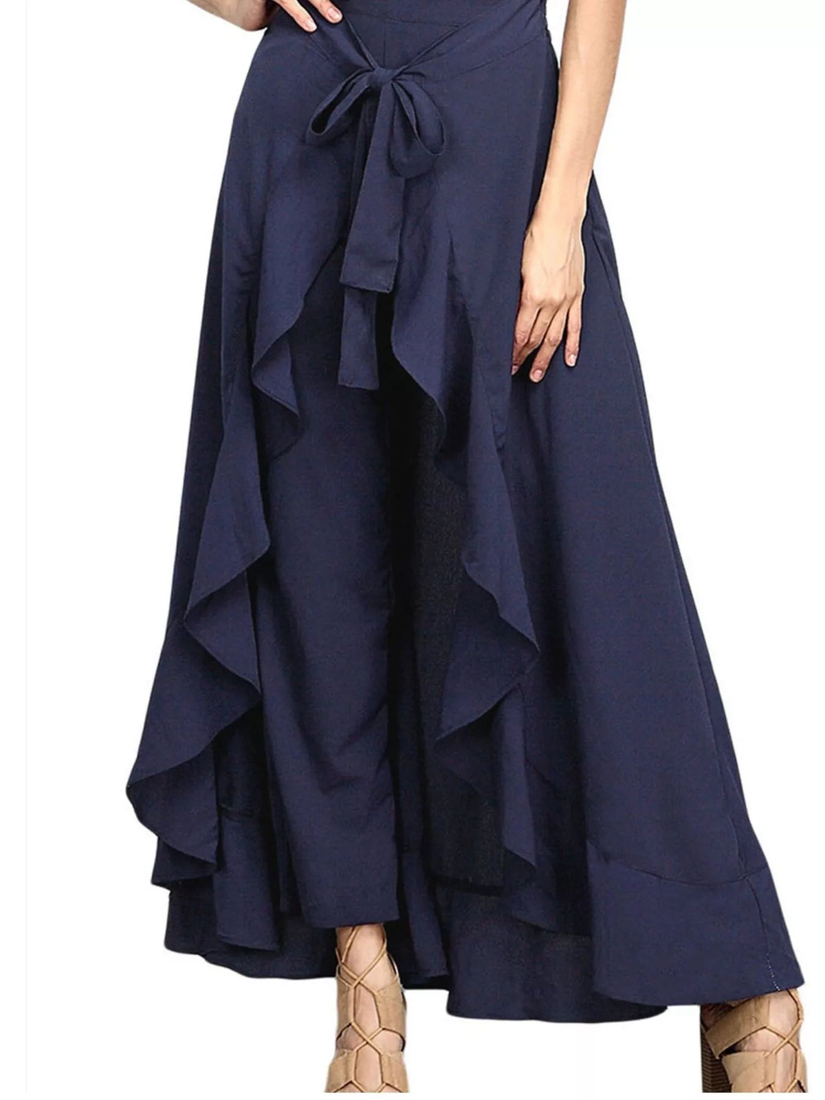 High-waisted tie-front ruffled wide-leg pants