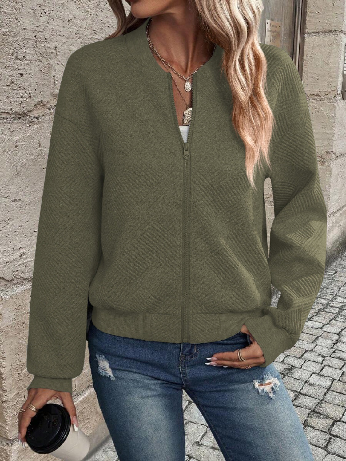 Textured zip up long sleeve jacket