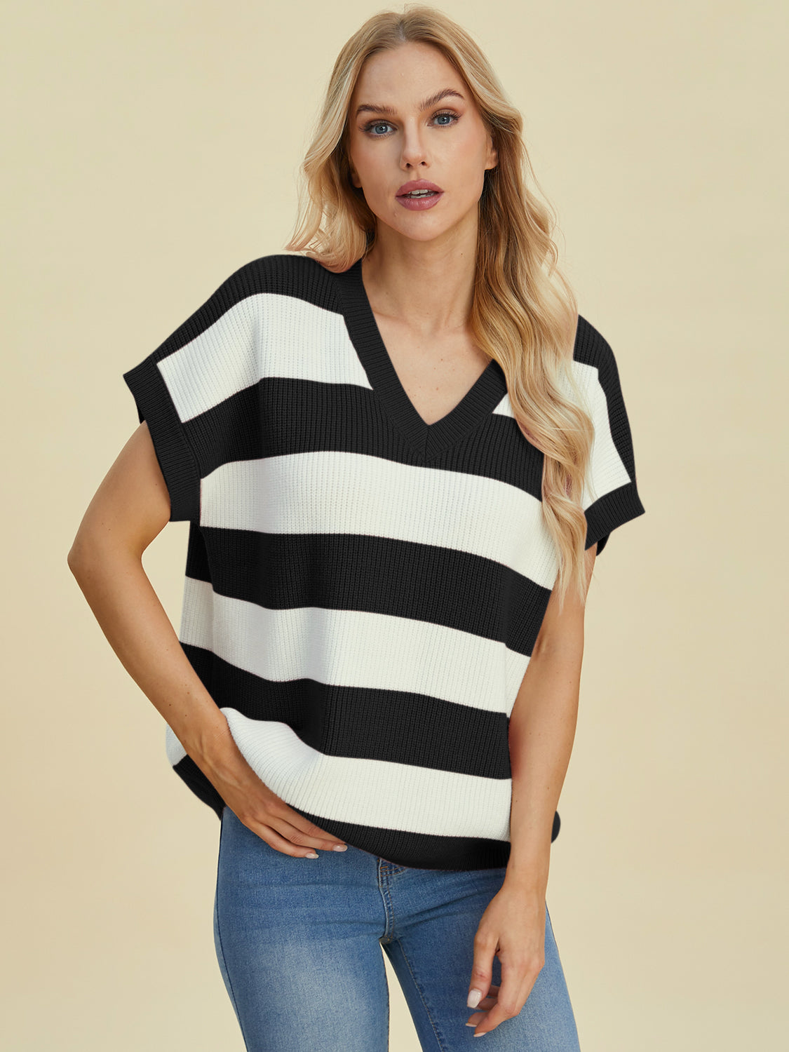 Striped V-neck short sleeve sweater