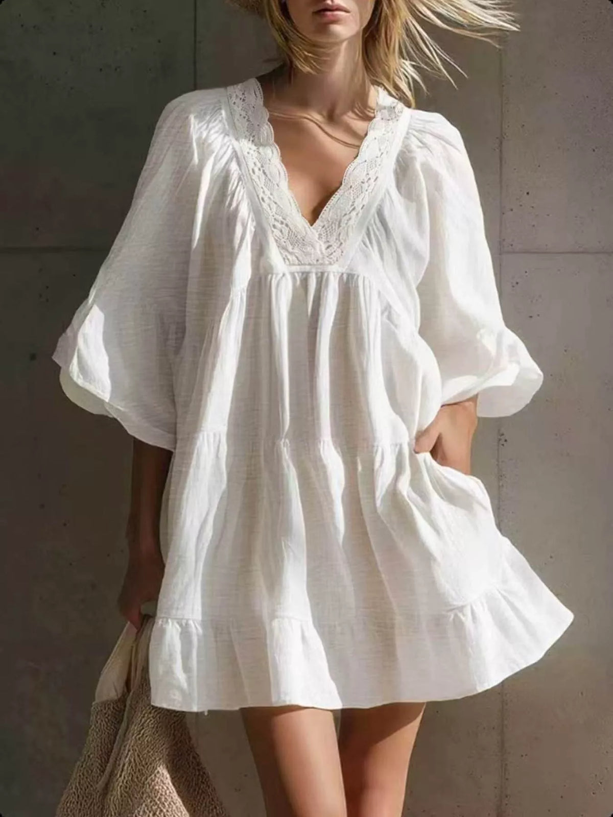 Lace-trim puff-sleeve dress – white