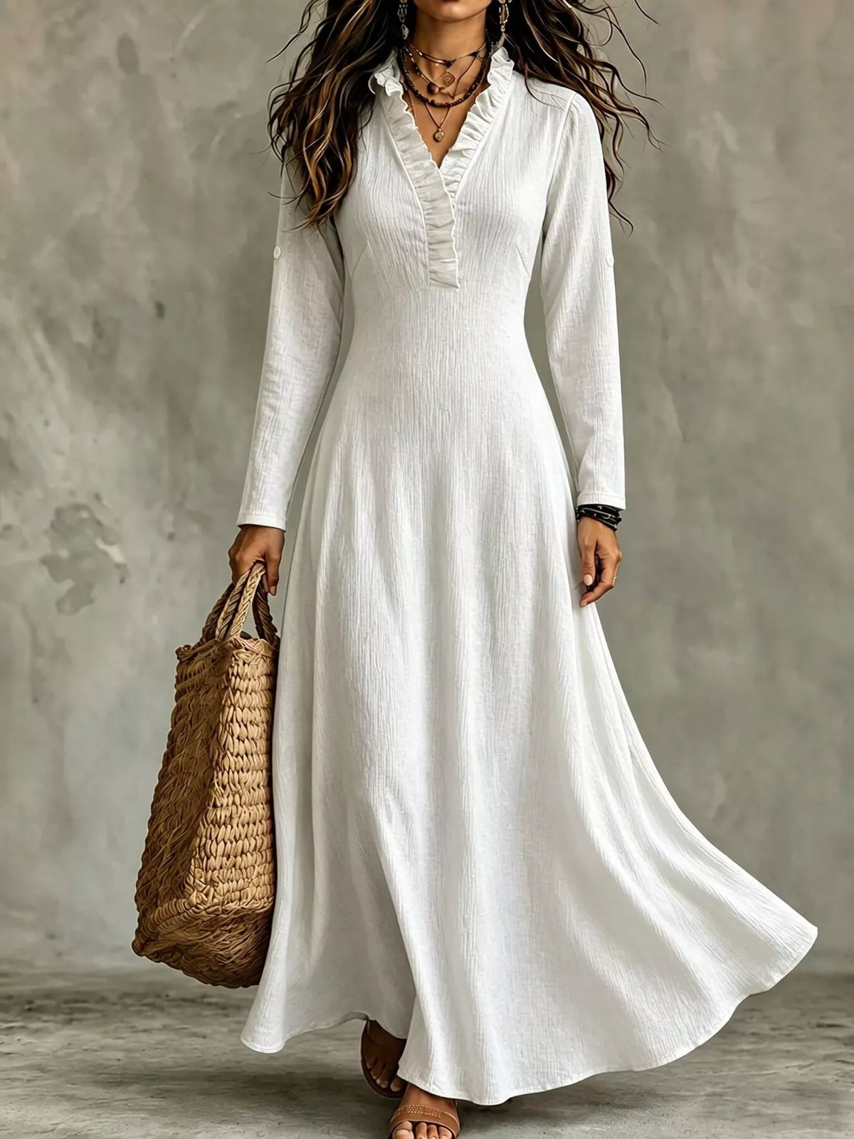 Roll-sleeve V-neck maxi dress – white