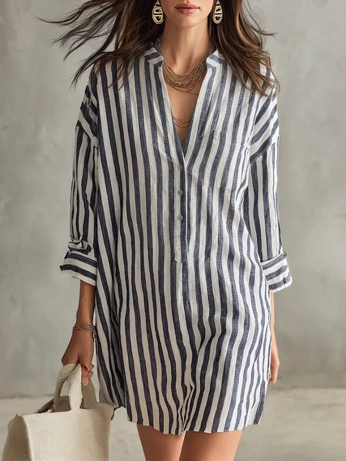 Striped 3/4 sleeve shirt dress, Black