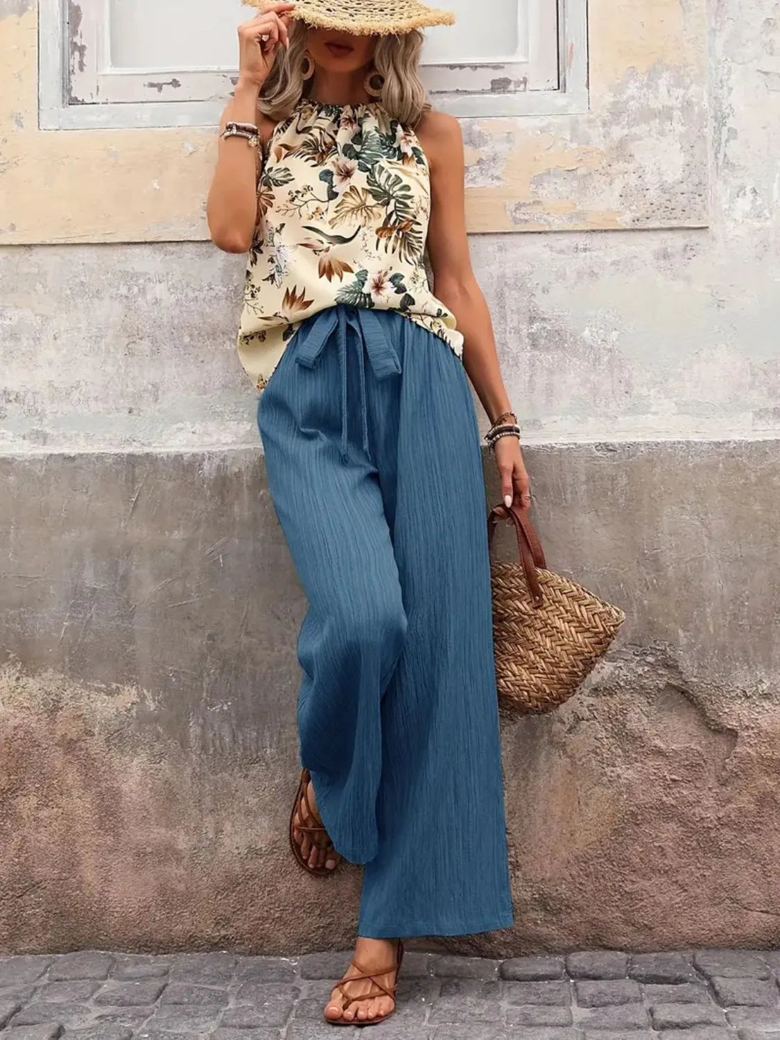 Printed tank top and wide leg pants set