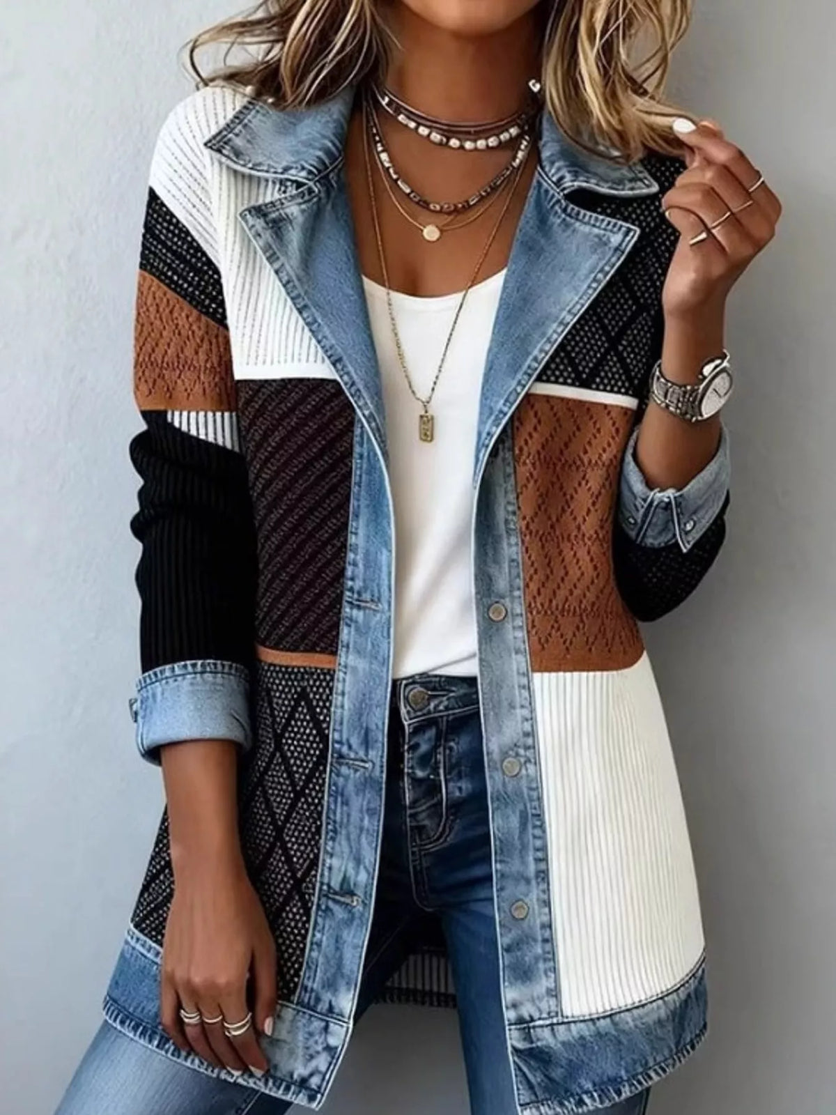 Denim-trim rib cardigan – colorblock