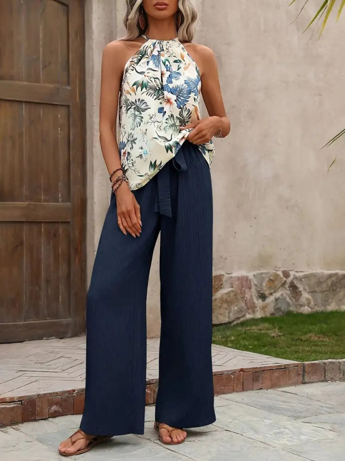 Printed tank top and wide leg pants set