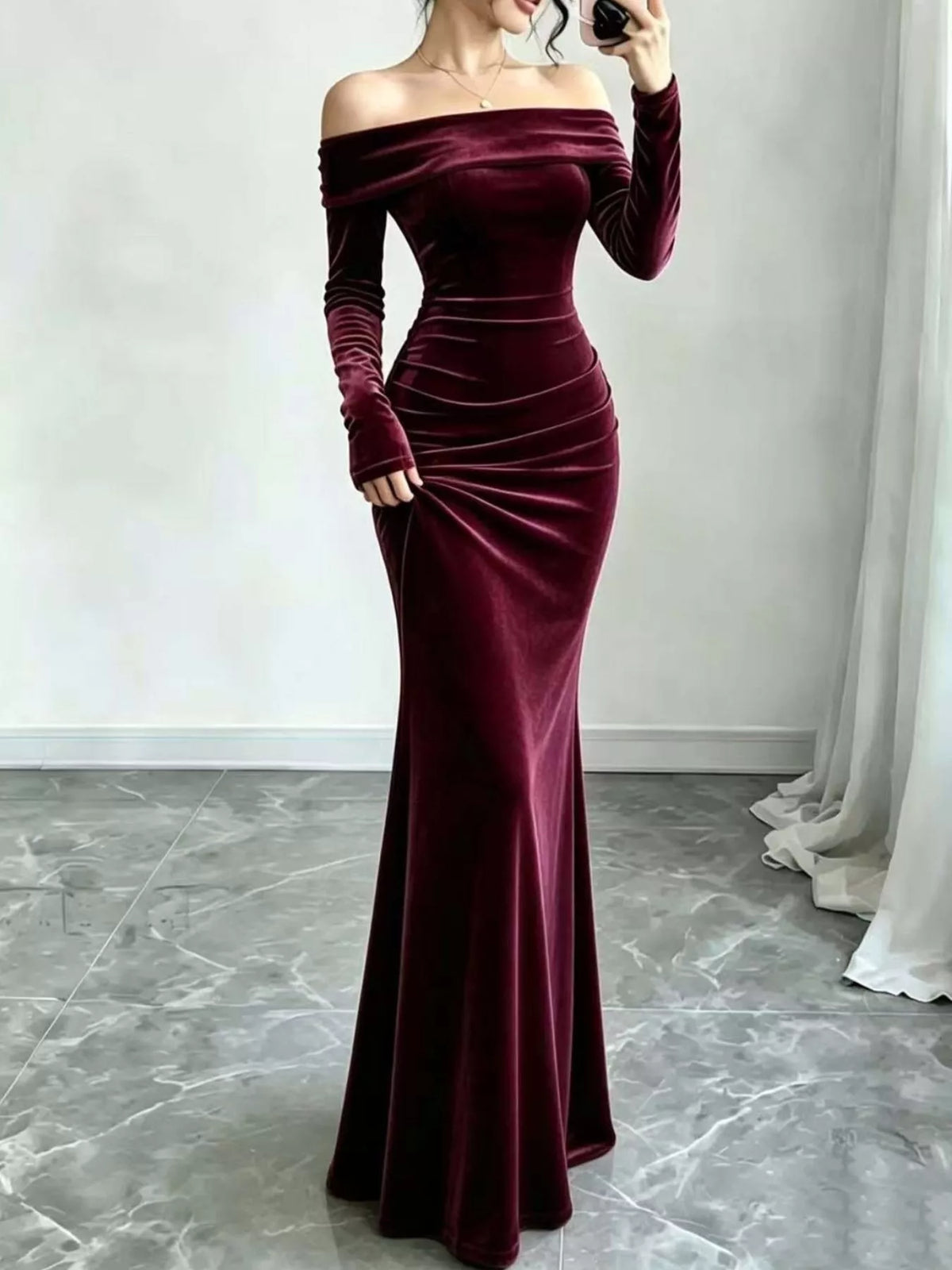 Velvet off-shoulder mermaid dress – burgundy