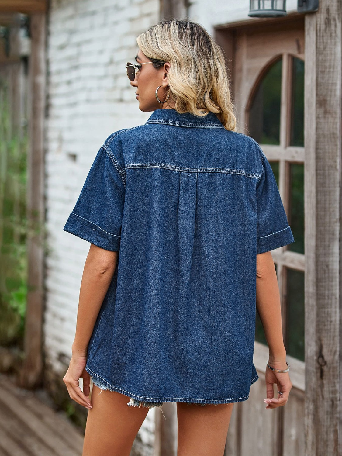 Pocketed Button Up Short Sleeve Denim Shirt