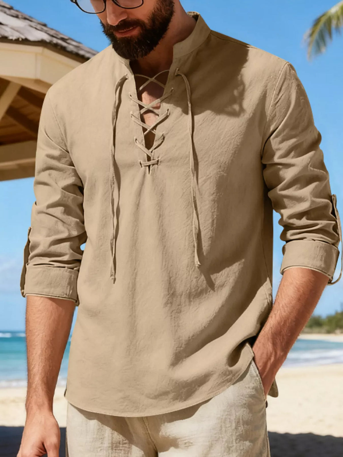 Lace-up linen shirt – khaki