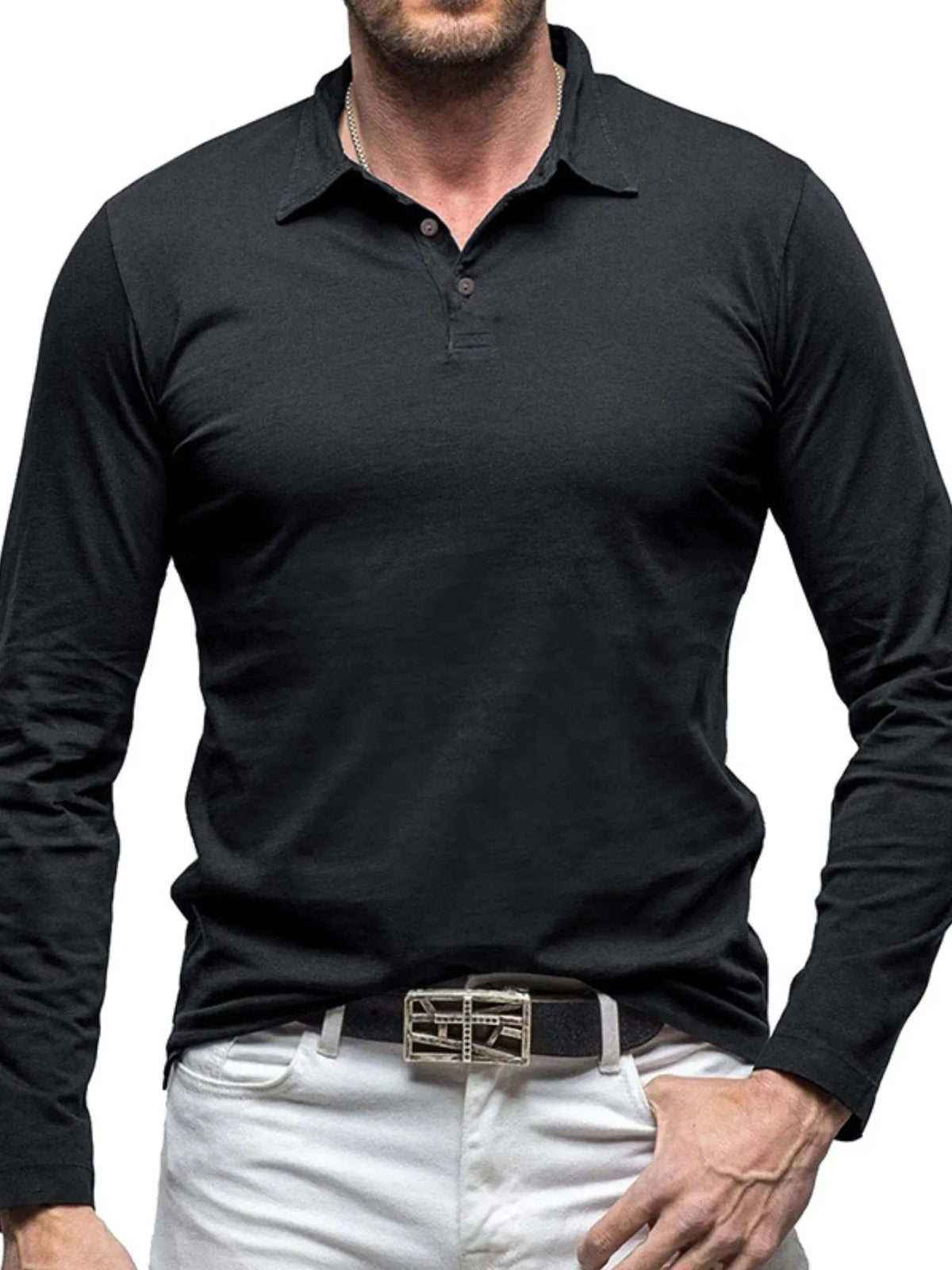 Collared neck long sleeve polo, Black